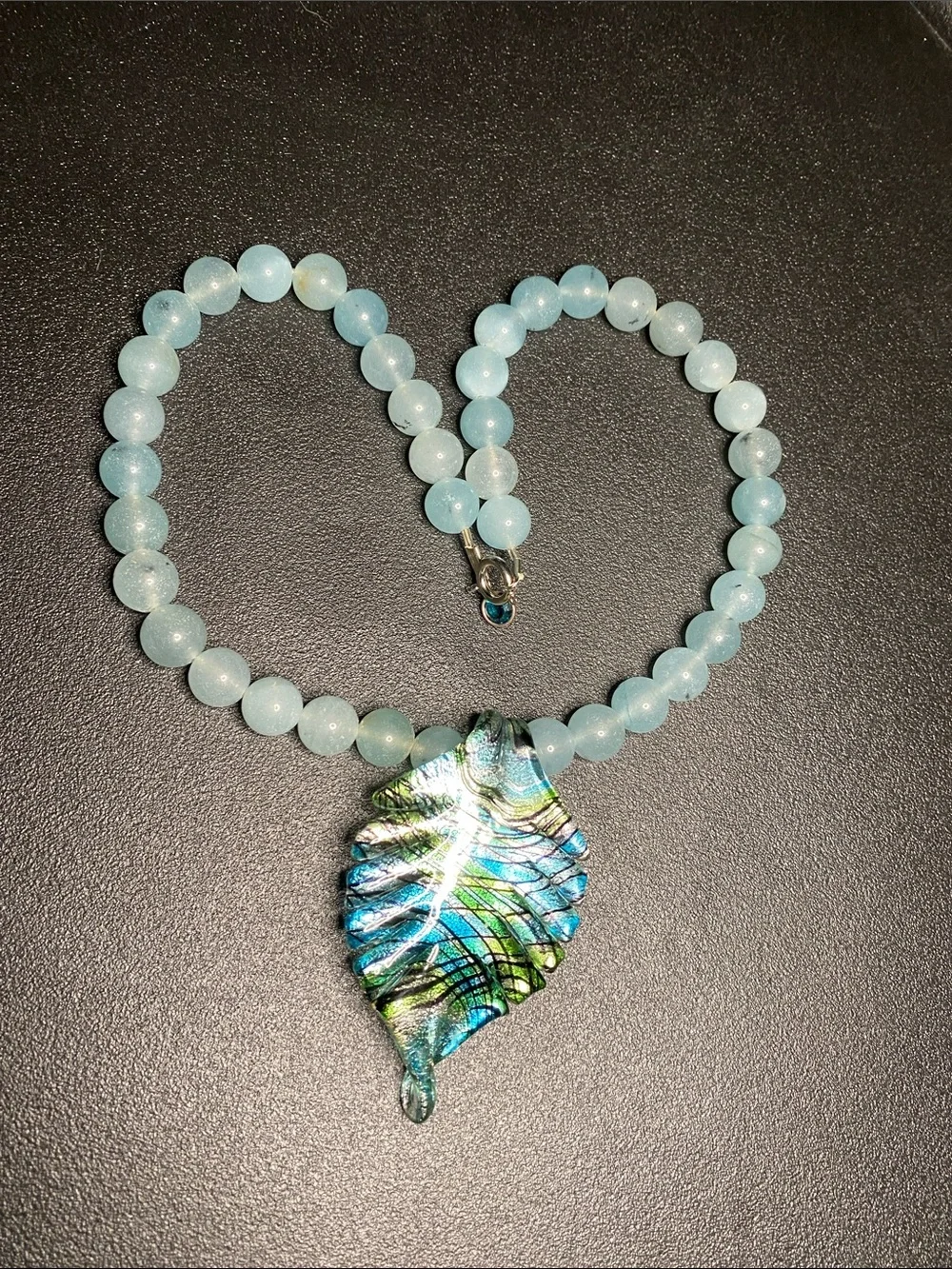 Blue Beaded Necklace with Dichroic Glass Leaf Pendant